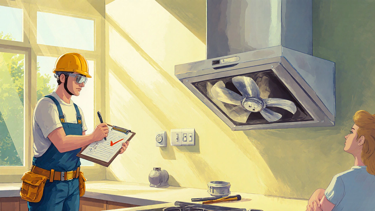 Clean kitchen fan with technician and homeowner reviewing maintenance checklist.
