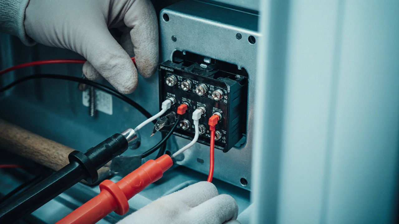 Close‑up of a compressor relay with multimeter probes and gloves on the freezer’s back panel.