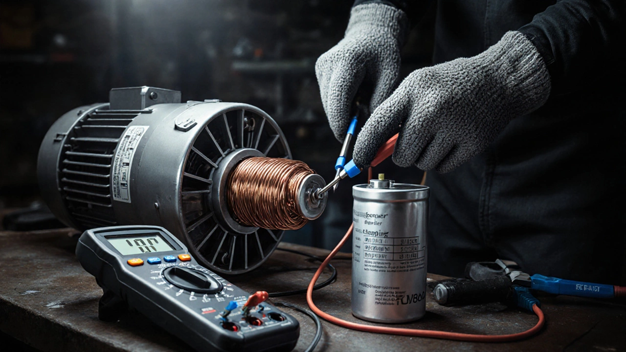 Close‑up of motor and capacitor being tested with multimeter and screwdriver.