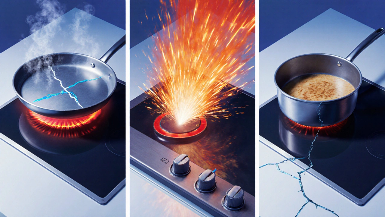Cold pan on hot hob causing steam and a crack, plus panels showing surge and impact damage.
