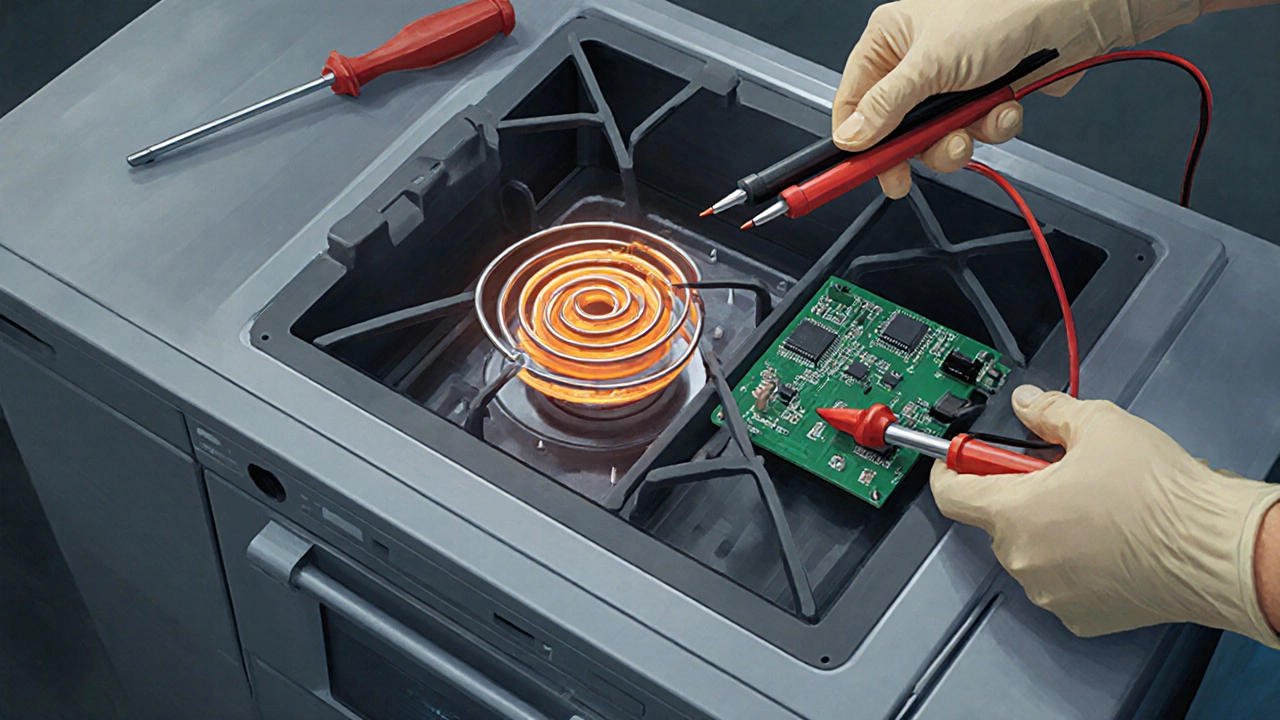 Cross‑section view of stove interior with multimeter probing heating element and tools nearby.