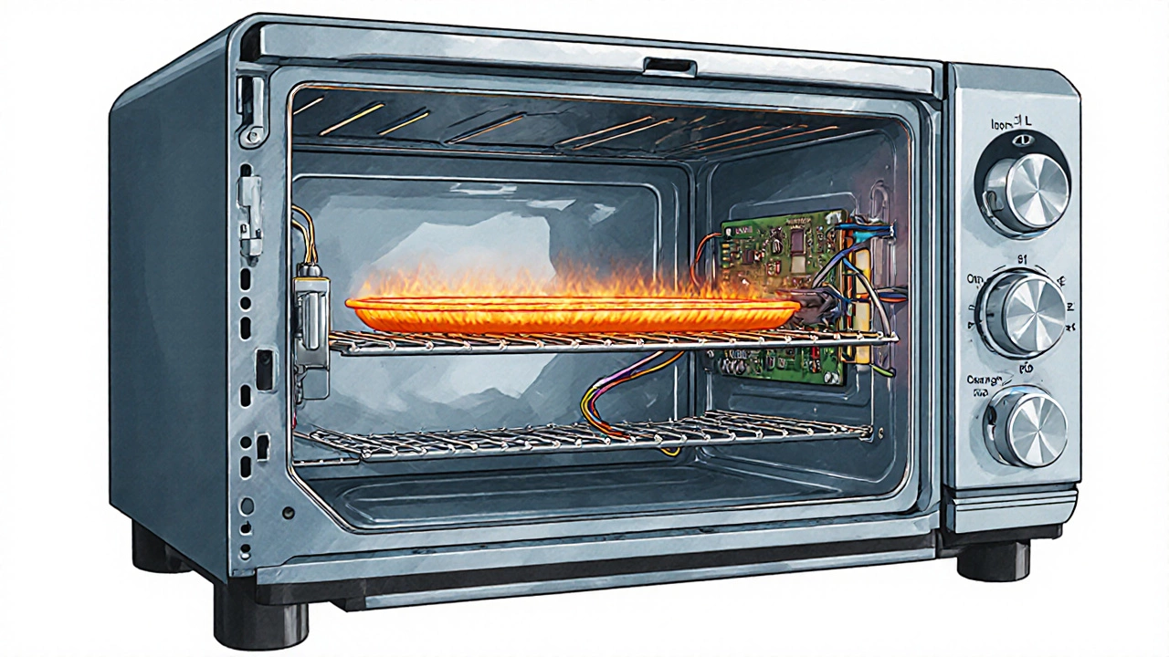 Cross‑section view showing oven heating elements, door switch and sensor.