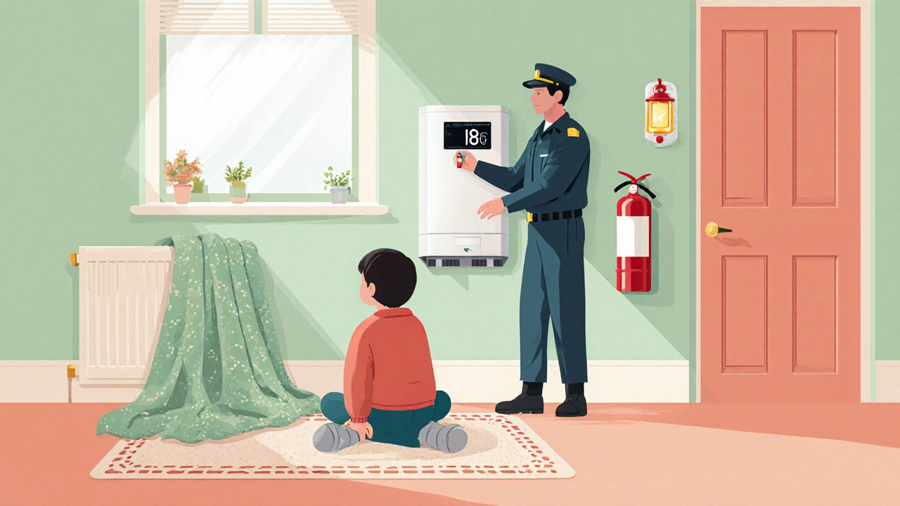 Family comforted by rugs, blankets, and a technician fixing the boiler.