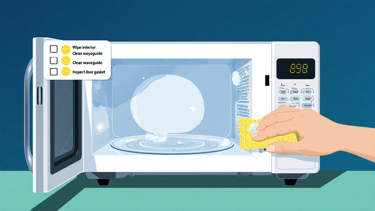 Flat‑design image of a clean microwave interior with a hand wiping the waveguide cover.