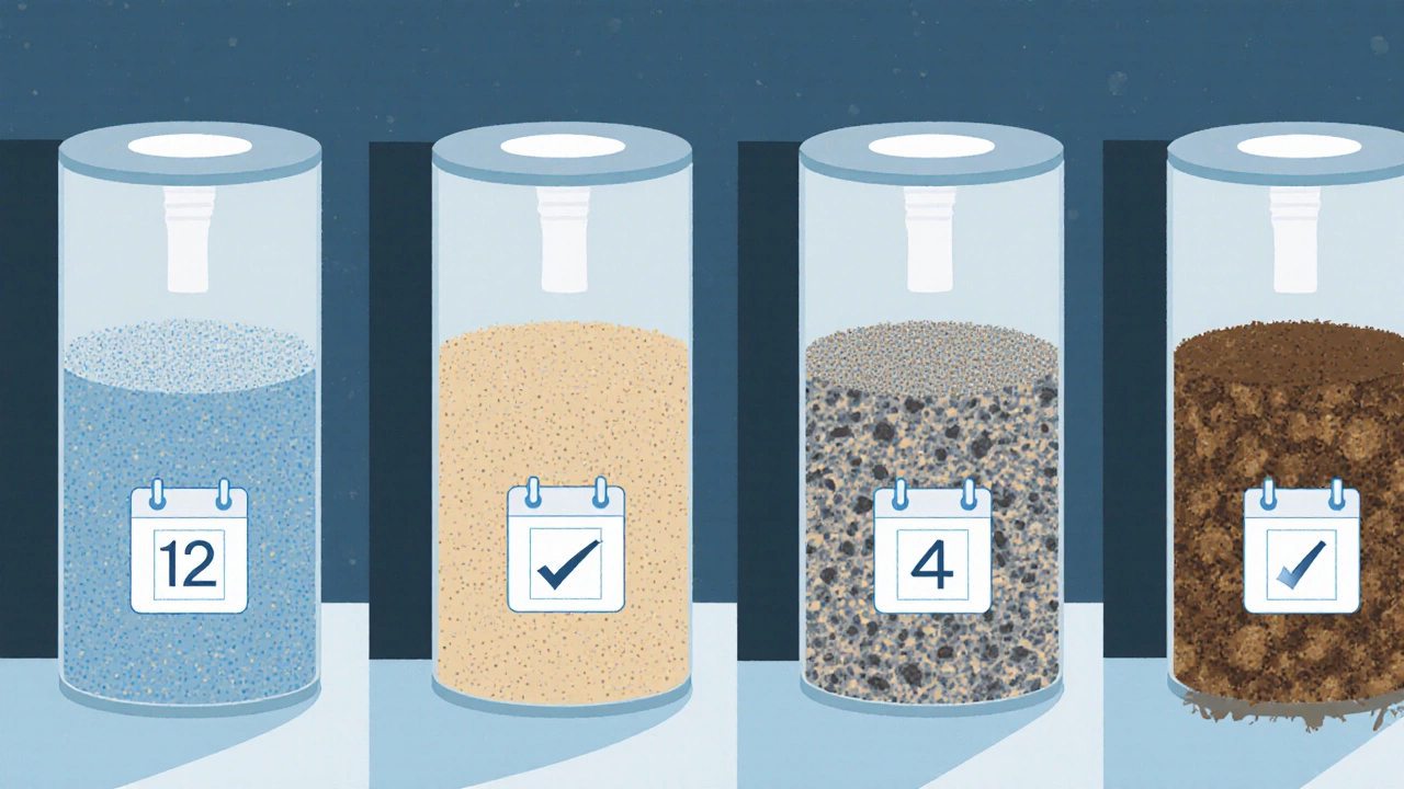 Four-panel illustration depicts water heater sediment levels and suggested flush intervals for varying water hardness.