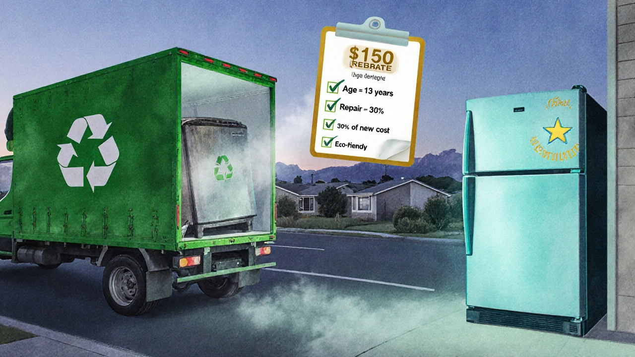 Green recycling truck collects an old fridge while a new efficient unit displays a rebate badge.