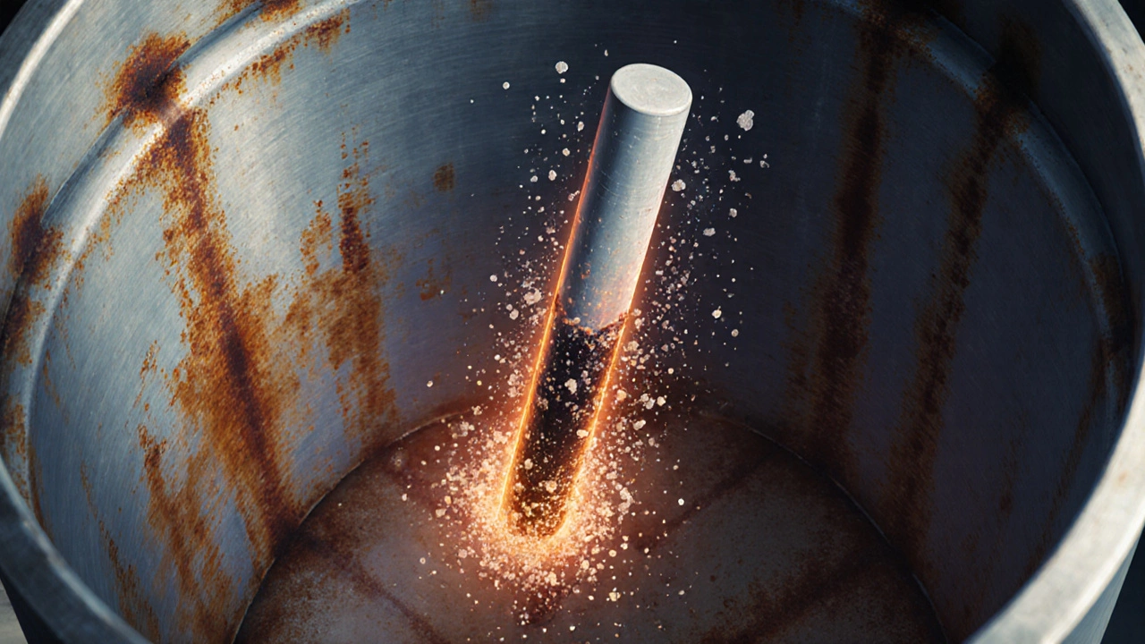 Half-dissolved anode rod inside a rusting water heater tank, minerals swirling around it as corrosion spreads.