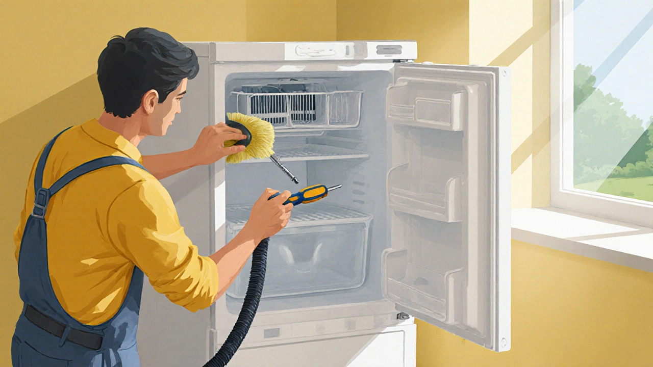 Homeowner cleaning the freezer’s condenser coil and checking the door seal during maintenance.