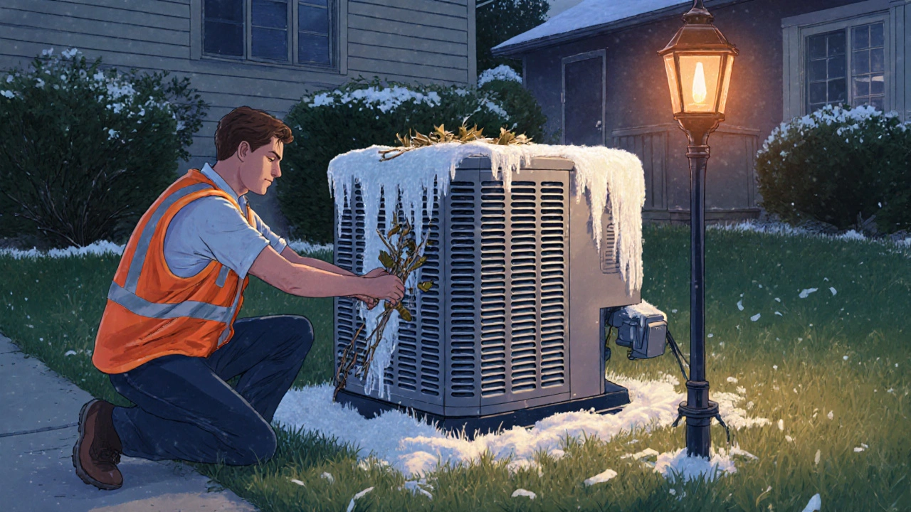 Homeowner clearing leaves and ice from an outdoor heat pump at dusk.