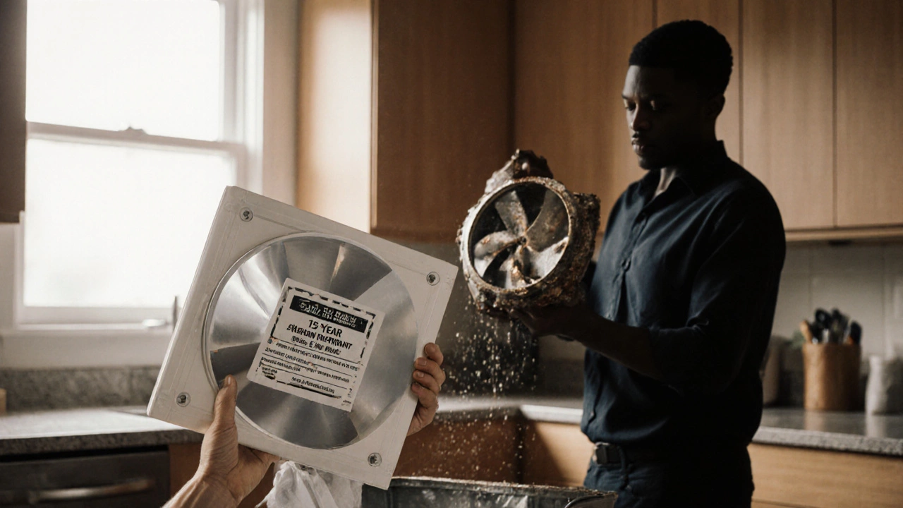 Homeowner holding a new extractor fan while an old, broken one is discarded in the background.