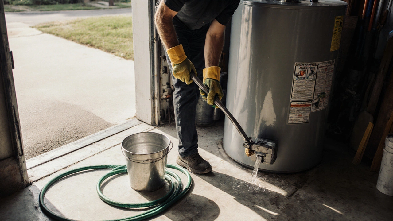 Homeowner in gloves connects a garden hose to a water heater&#039;s drain valve while a bucket catches water.