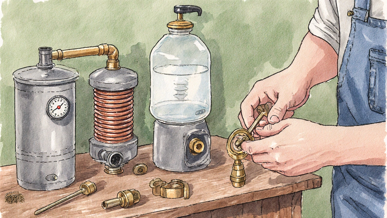 Homeowner inspecting thermostat, expansion tank, and heat exchanger on a workbench.
