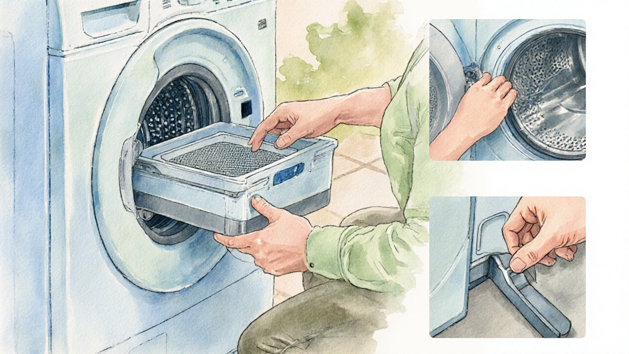 Homeowner performing maintenance steps on a washing machine, such as cleaning the filter and checking the seal.