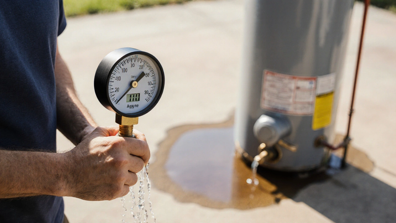 Homeowner testing water pressure at outdoor spigot, gauge reads over 70 psi, with a leaking water heater in background.