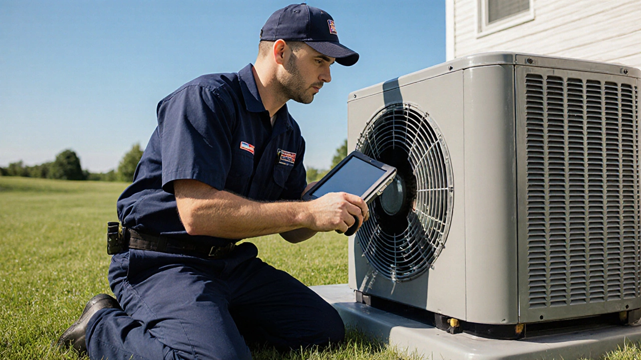 HVAC technician examines an outdoor heat‑pump unit on a sunny day.
