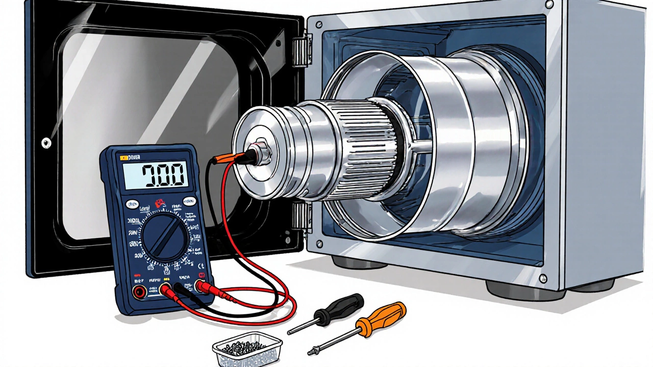 Illustration of magnetron being tested with a multimeter inside an opened microwave.