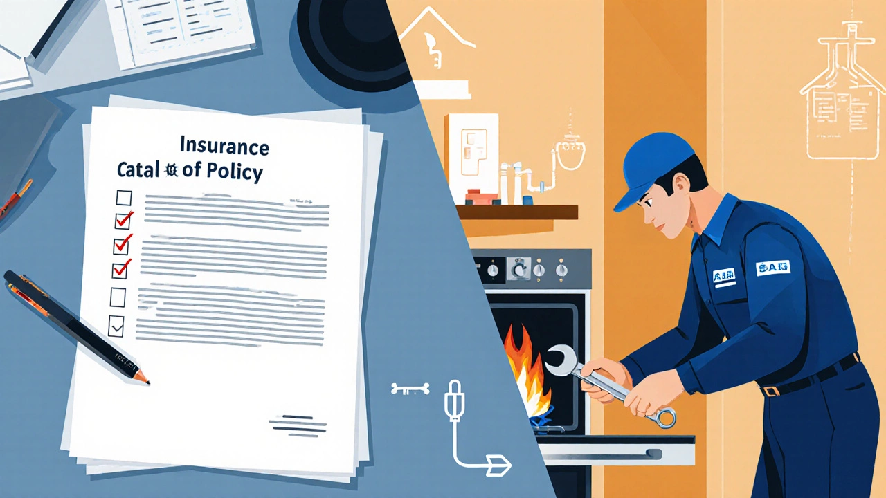 Illustration showing an insurance policy and a technician inspecting a home appliance, highlighting legal coverage.