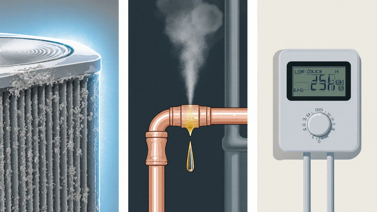 Illustration showing dirty evaporator coil, refrigerant leak, and faulty thermostat.