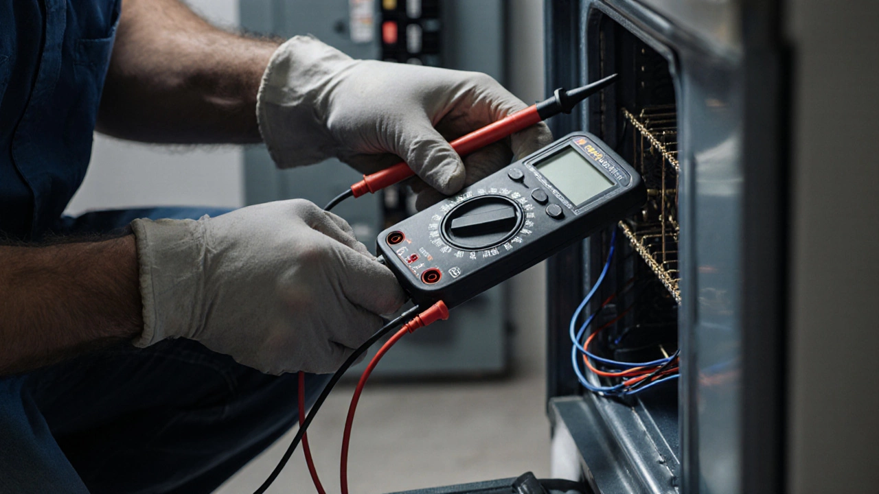 Licensed electrician testing an oven’s heating element with a multimeter near a breaker panel.