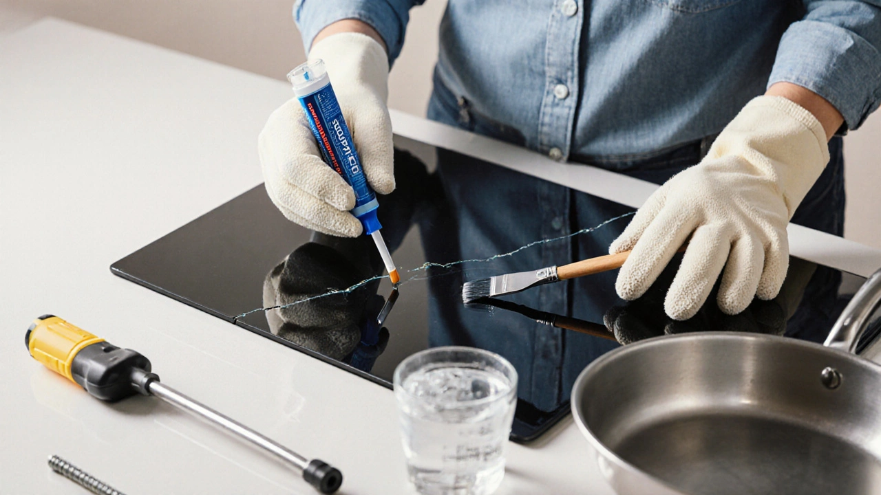 Person applying epoxy to a hob crack with repair tools nearby.
