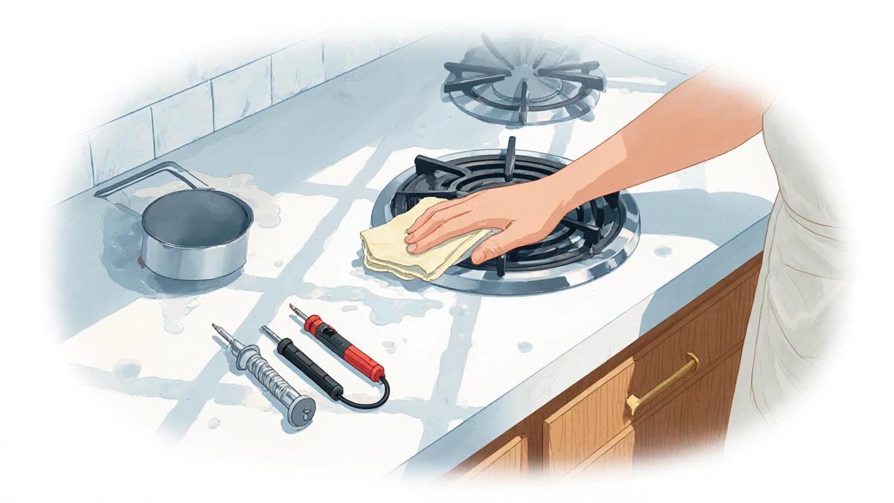 Person cleaning an electric stove surface with a cloth and maintenance tools on the counter.