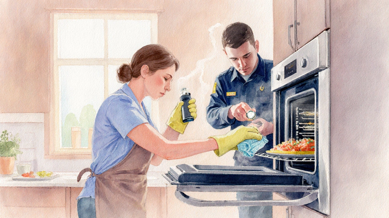 Person cleaning oven interior while a technician checks the door gasket.