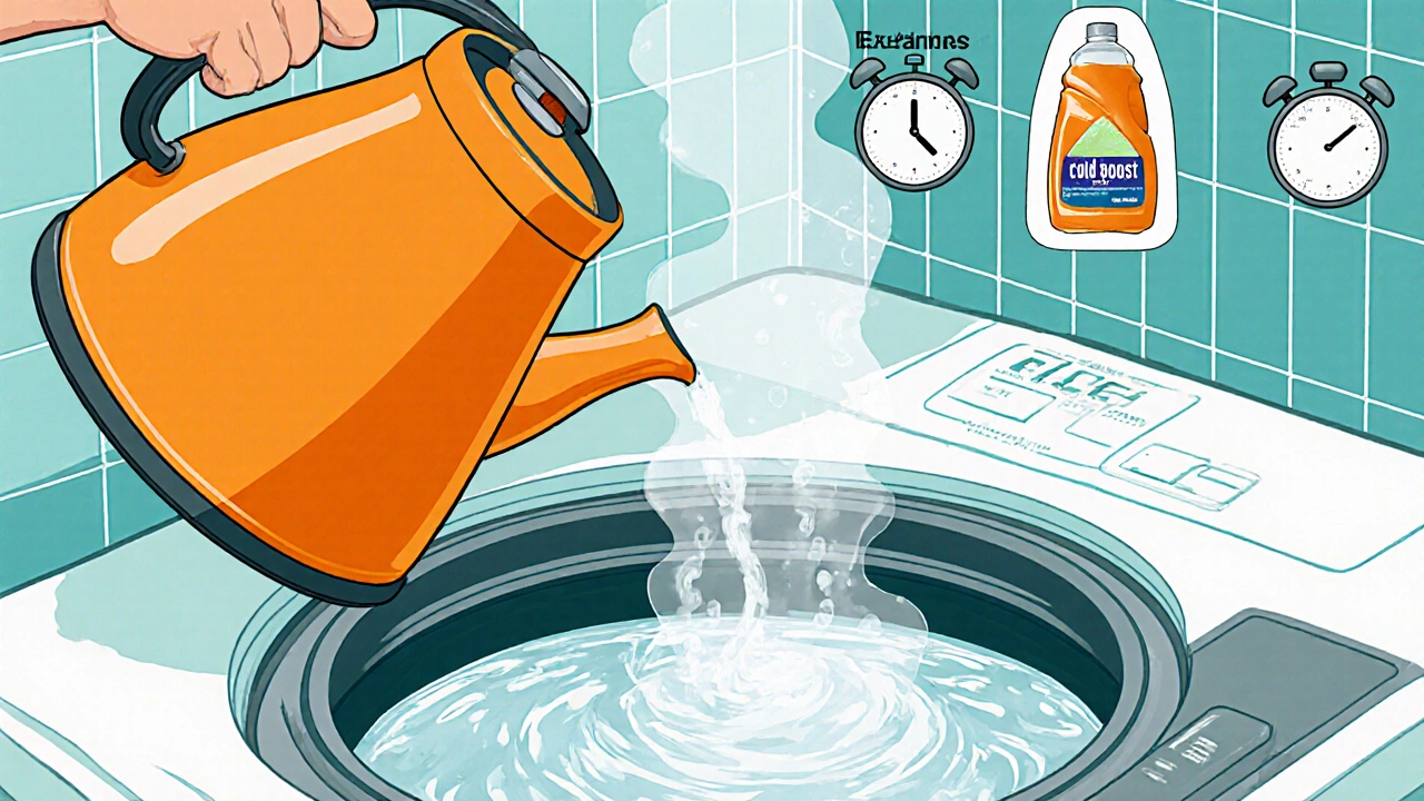 Person pouring hot water from a kettle into a washing machine drum with detergent and timer icons.