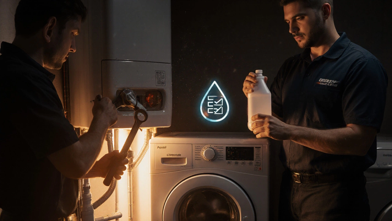 Plumber and appliance technician inspecting a boiler and washing machine with tools and descaling solution.
