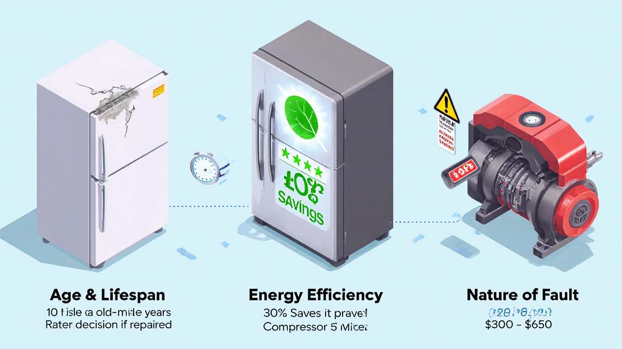 Side‑by‑side view of an old fridge and a modern energy‑star model with highlighted components.