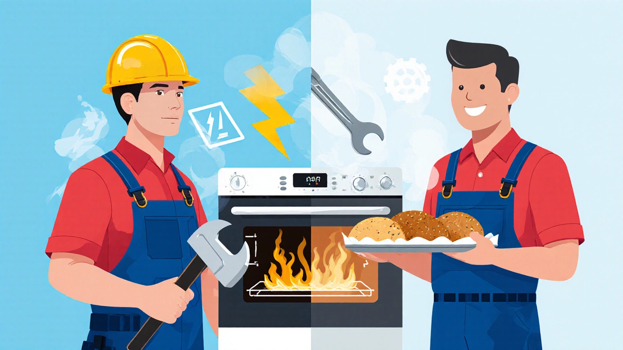 Split illustration showing electrician versus appliance technician beside a repaired oven and happy homeowner.
