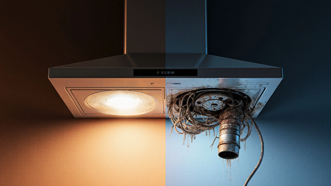 Split image: one side shows a clean, working extractor fan, the other shows a clogged, rusted version.