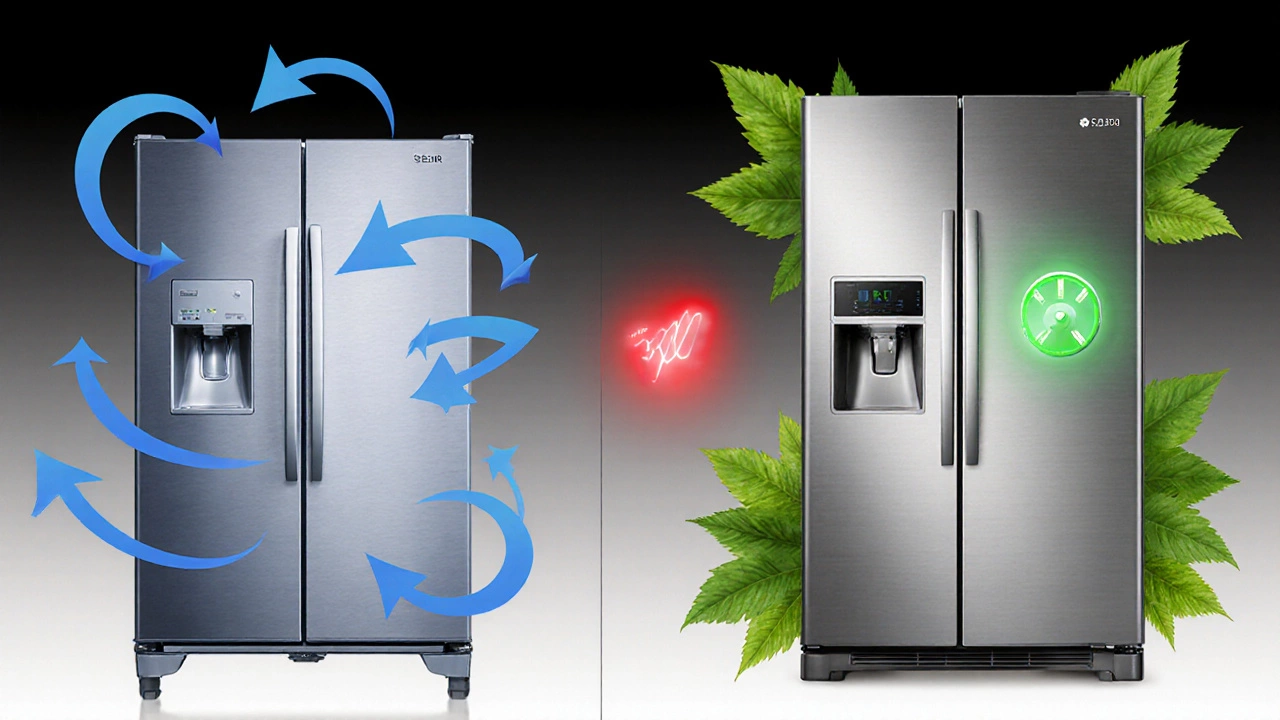 Split scene contrasting an old high‑energy fridge with a new efficient model surrounded by green and red energy symbols.