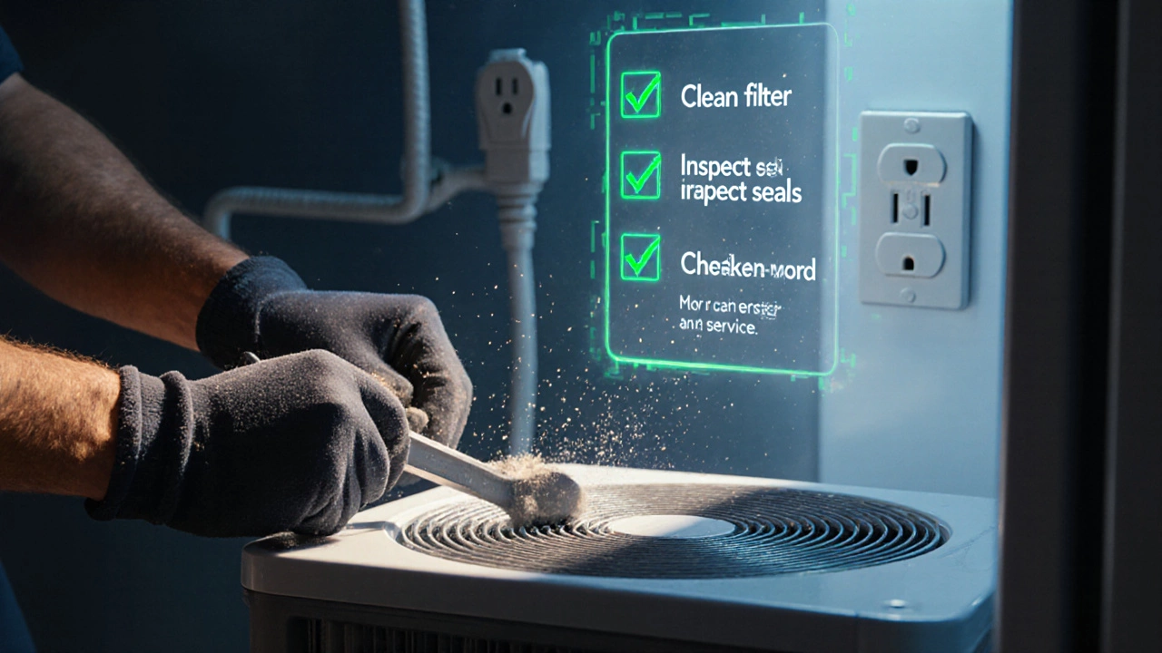 Technician cleaning and servicing a refrigerator coil with tools and checklist icons.