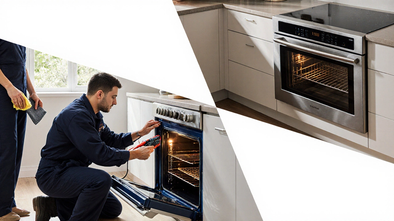 Technician inspecting an oven while a homeowner holds a gasket, with a new oven nearby.