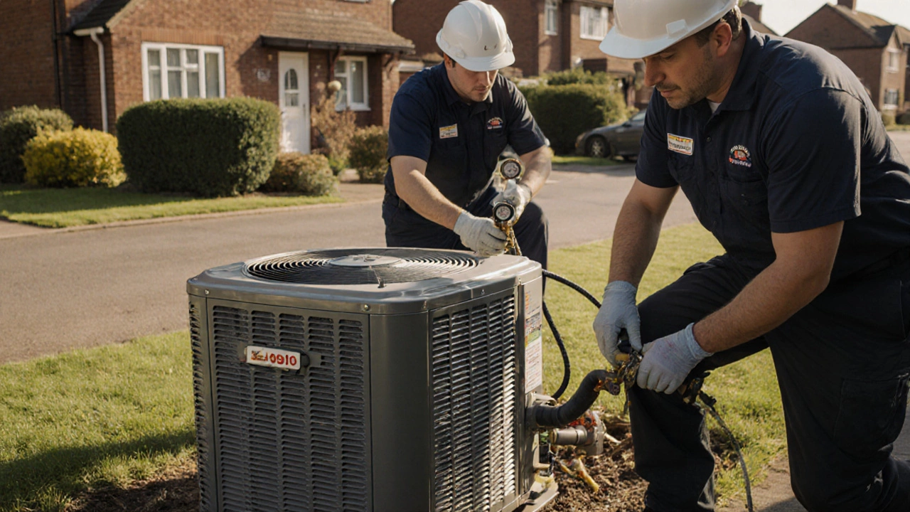 Technician inspecting and maintaining a heat pump with proper clearance.