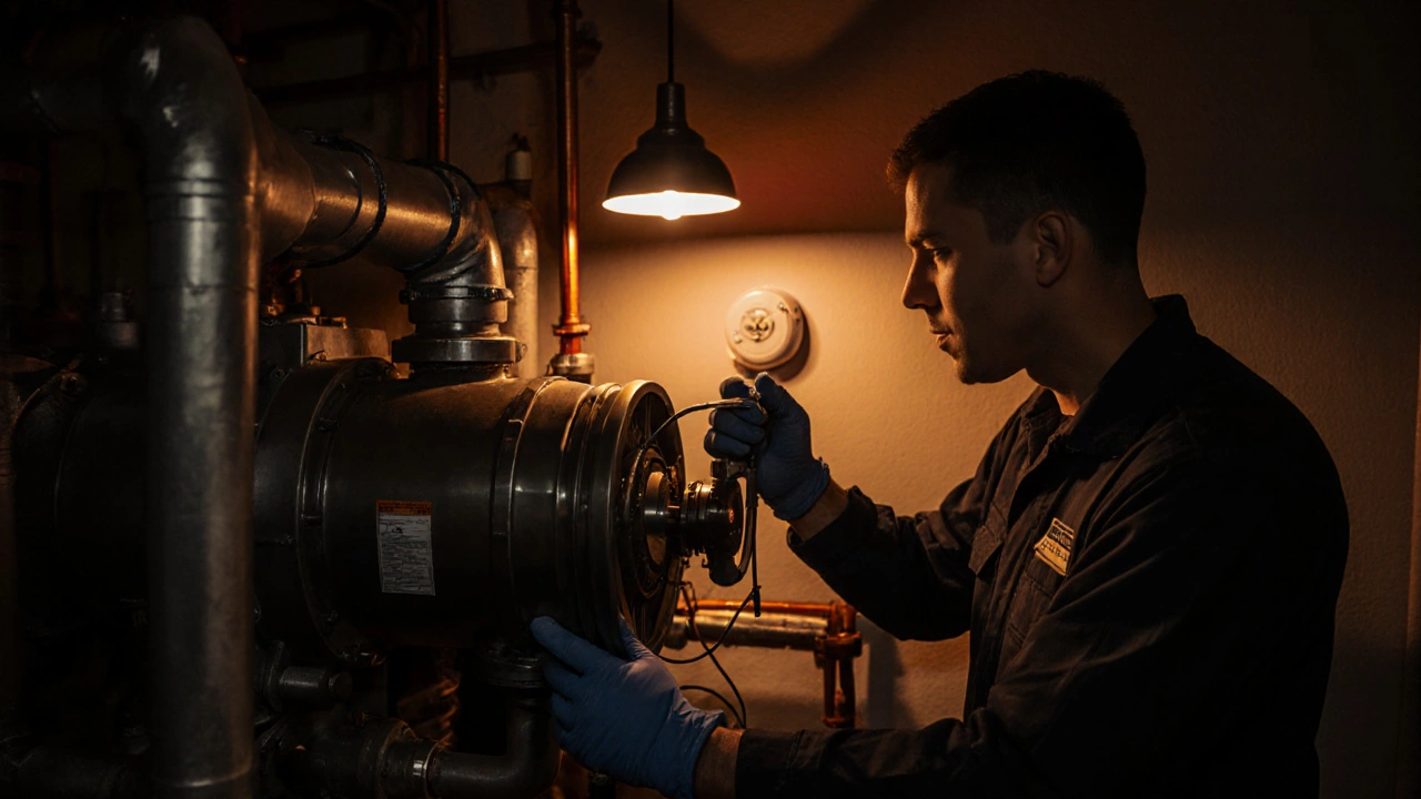 Technician servicing a boiler with diagnostic tools and a CO detector nearby.