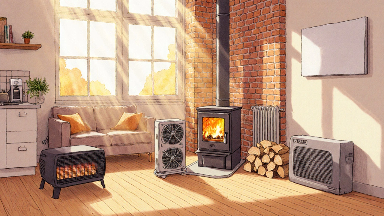 Various temporary heaters displayed in a bright, cozy living room.