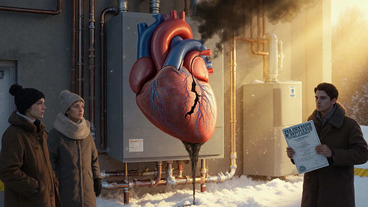 A boiler as a heart with gas lines as arteries, leaking smoke, while a technician holds a safety license.
