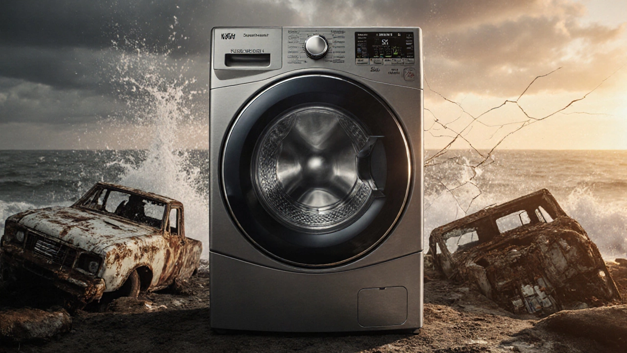 A durable Speed Queen washing machine standing strong while broken competitors rust nearby in a stormy setting.