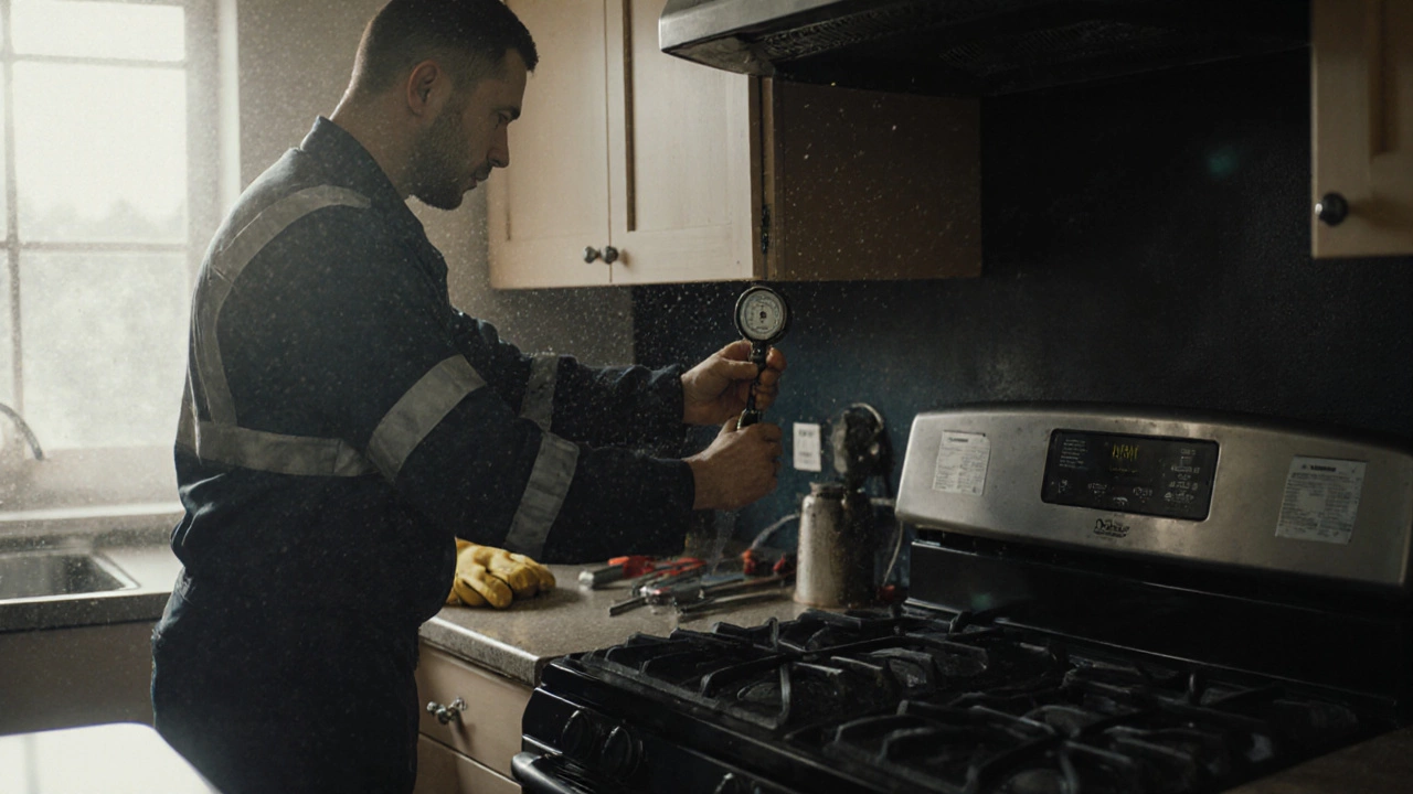 A licensed gas technician testing gas pressure on an old oven with a manometer in a kitchen.