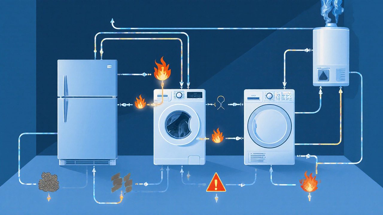 Abstract diagram showing connected home appliances with energy and airflow lines.