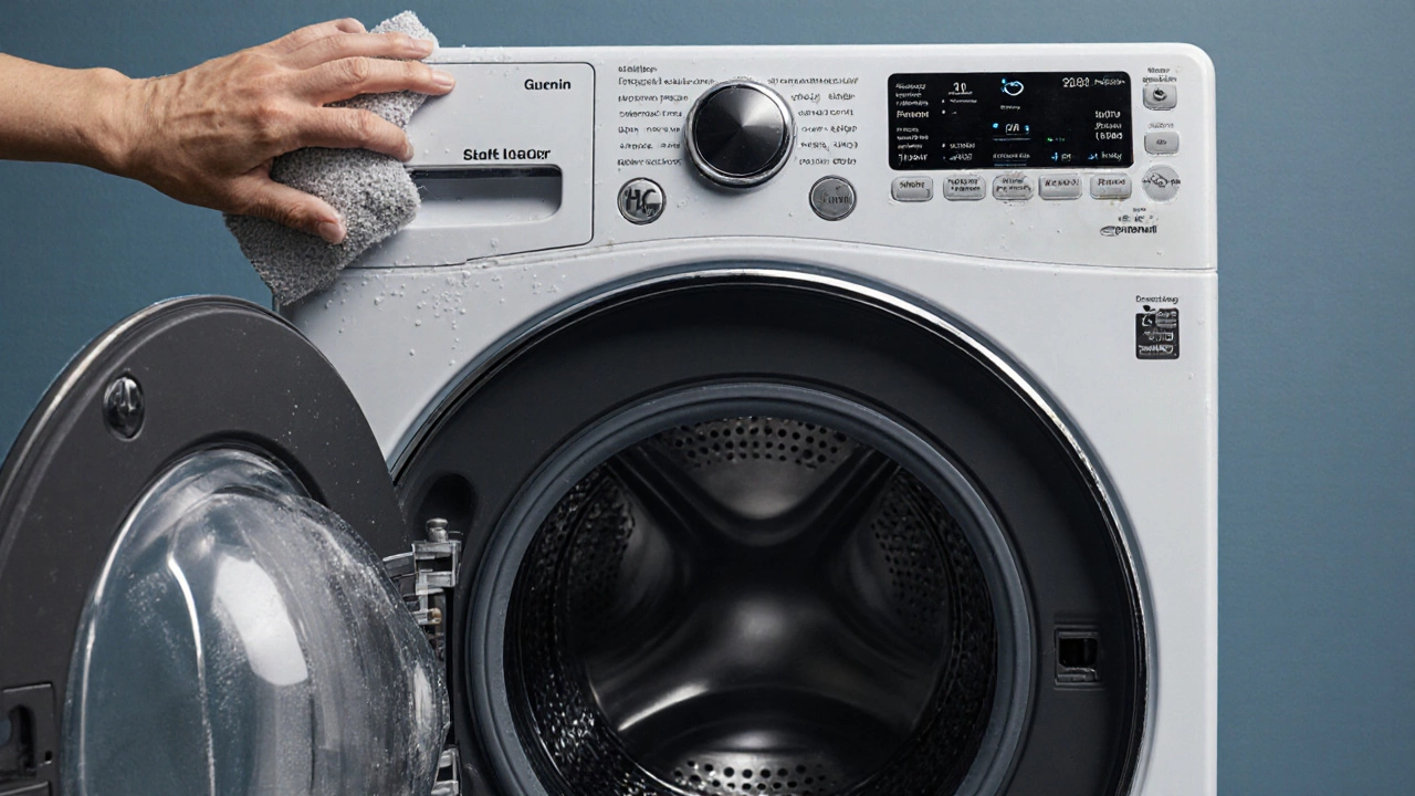 An LG washing machine in a coastal home, door open to dry, with subtle salt corrosion on its control panel.