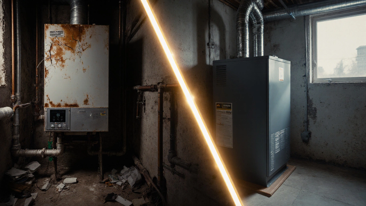 Before and after comparison of an old, rusty boiler versus a modern, clean installation.