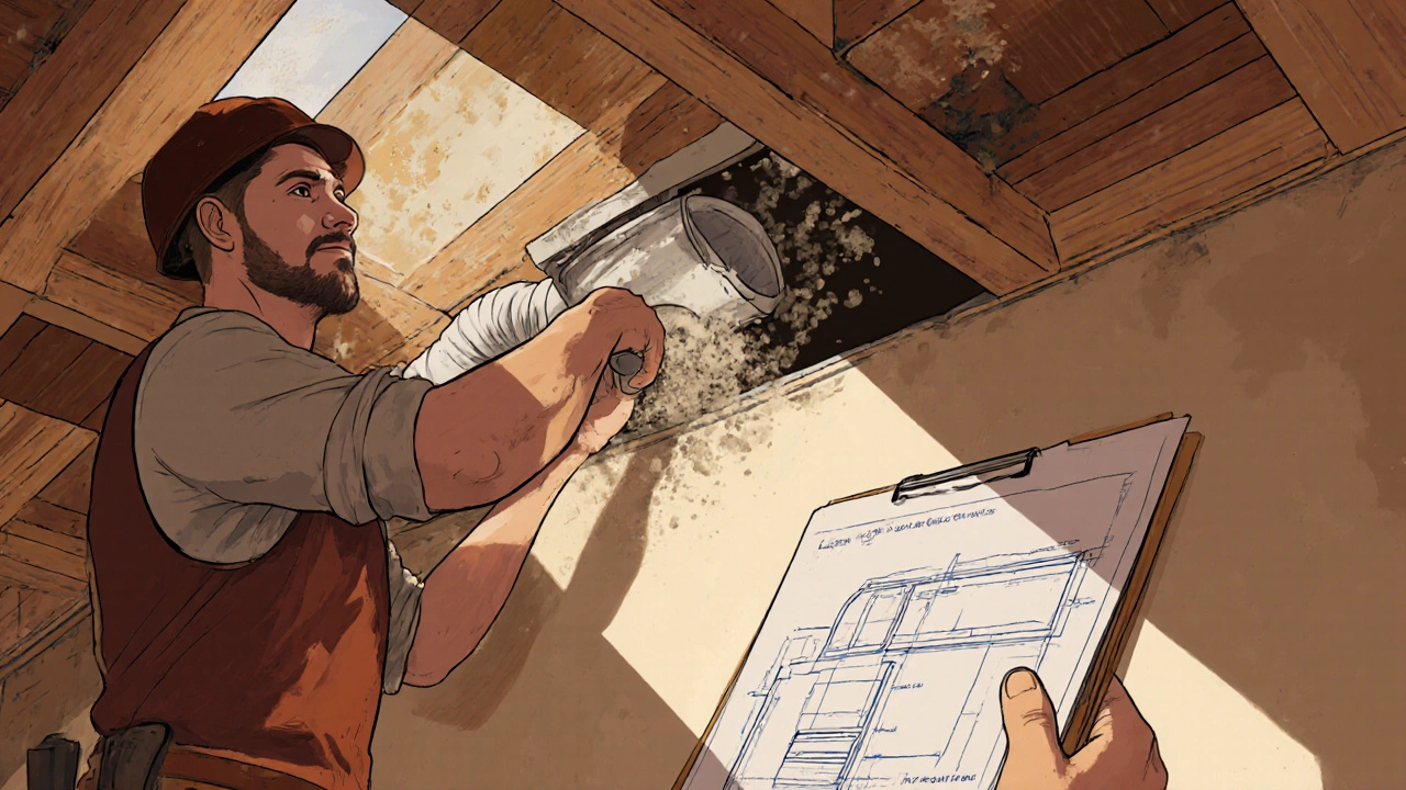 Builder cutting a ceiling hole to install extractor fan ducting with a blueprint showing proper slope.