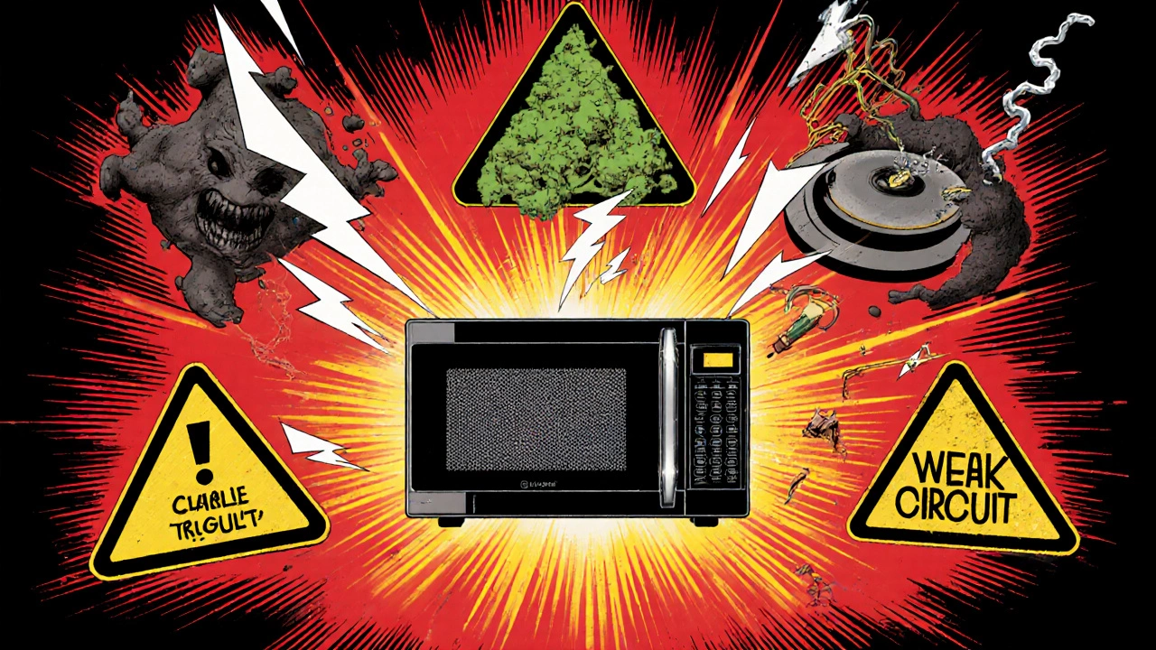 Comic book style illustration of a microwave battling five destructive forces: empty operation, metal sparks, steam corrosion, overload, and weak power.
