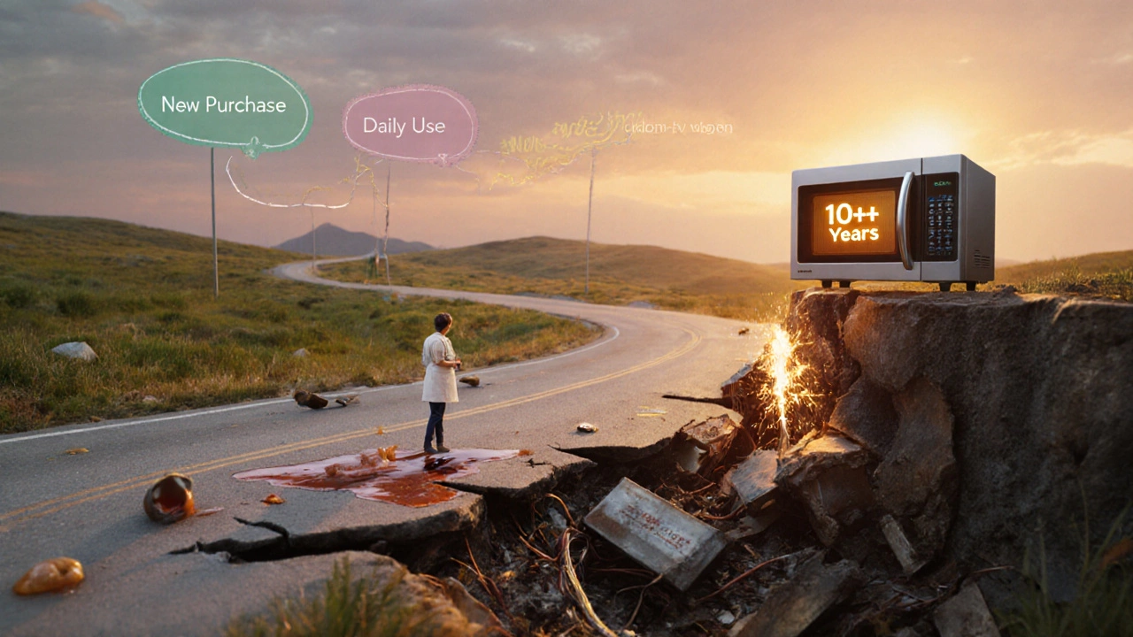 Conceptual roadmap showing a microwave&#039;s lifespan from new to worn out, ending in rust and sparks with a new model in the distance.