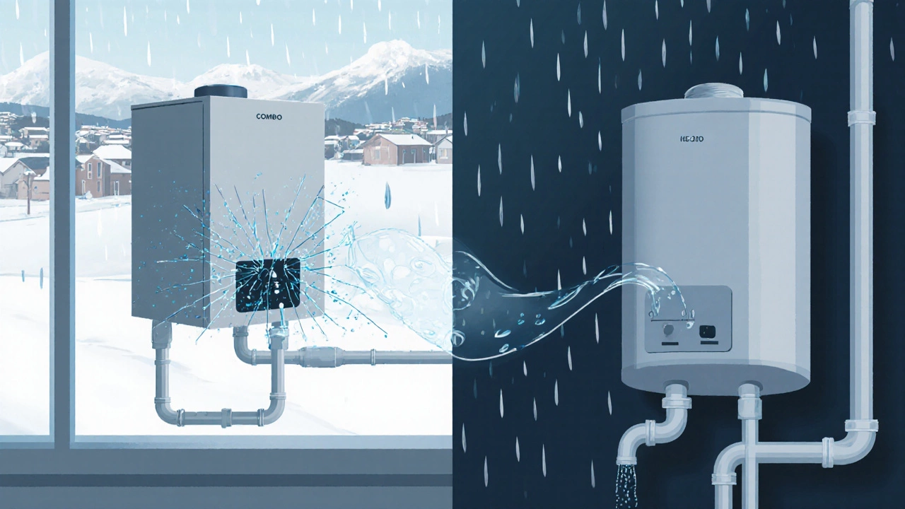 Contrasting systems: broken combi boiler versus functioning tank system with flowing water.