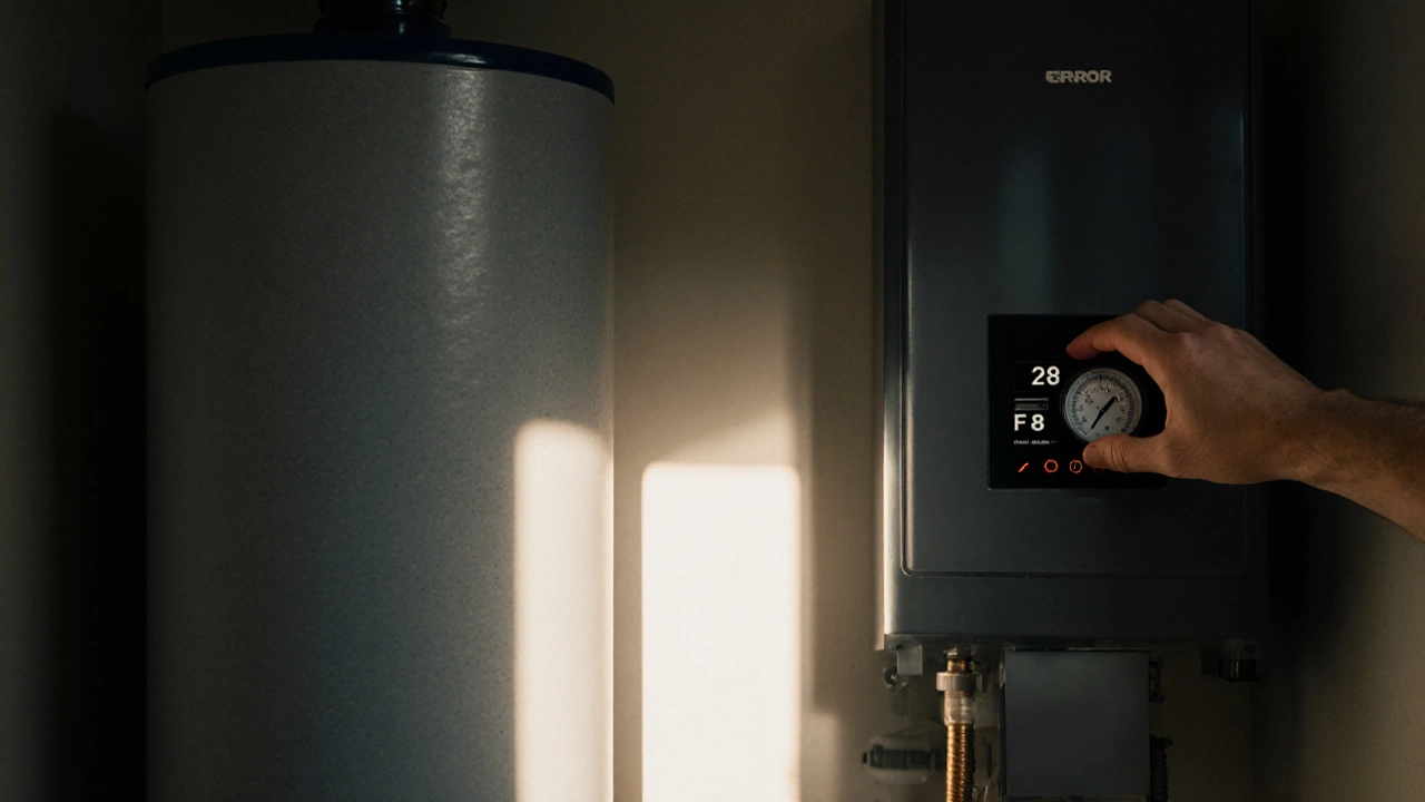 Hot water cylinder beside a silent boiler, pressure gauge being checked.