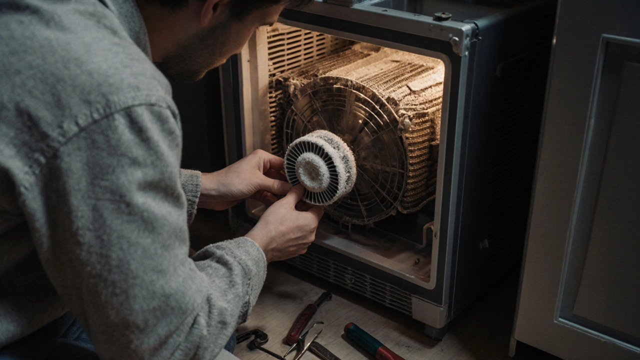 Person checking a frosty evaporator fan inside an open freezer panel with tools nearby.