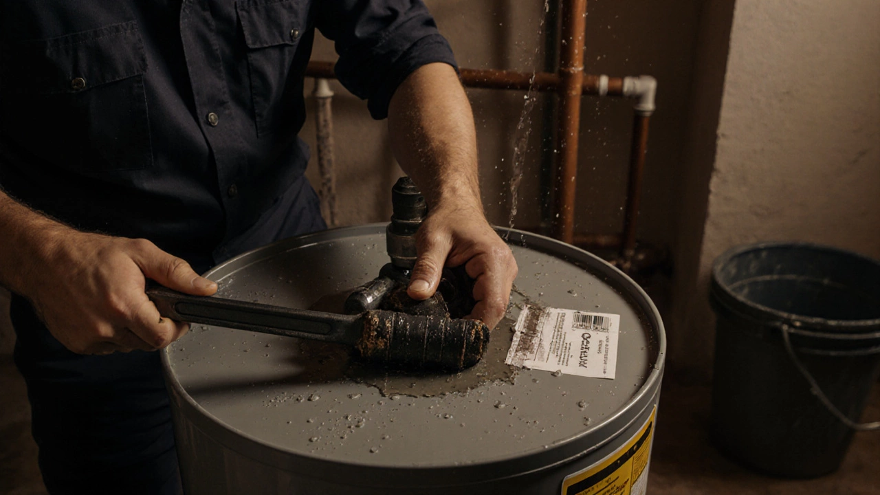 Plumber removing an anode rod from a water heater with tools and water
